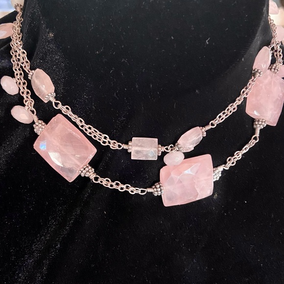 Pink Rose Quartz Necklace 2 Rows Silver Chain, Balinese Toggle Clasp 16 & 18” - Picture 2 of 6